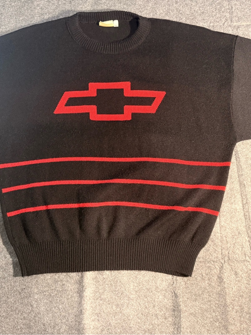 Vintage Chevy dealership Men’s Black Crewneck Sweater with Red Graphic Detail